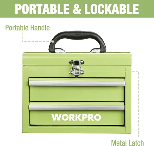 Miniatura 3 de WORKPRO Mini caja de herramientas portátil, 2 cajones de metal con rodamientos de bolas, almacenamiento superior con pestillo, mango de transporte