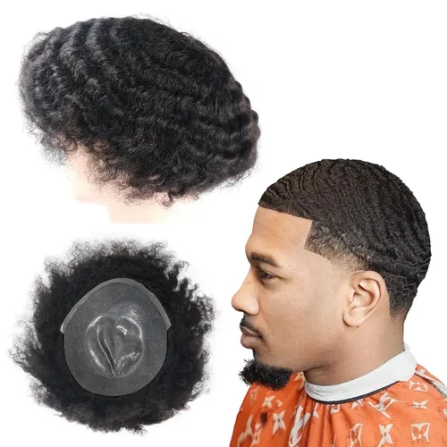 Miniatura 28 de Pelucas Afro Rizadas Toupé para Hombres Pelucas para Hombre Afroamericano Negro Unidad de Cabello Masculino Negro Rizado Afro Tejido Masculino
