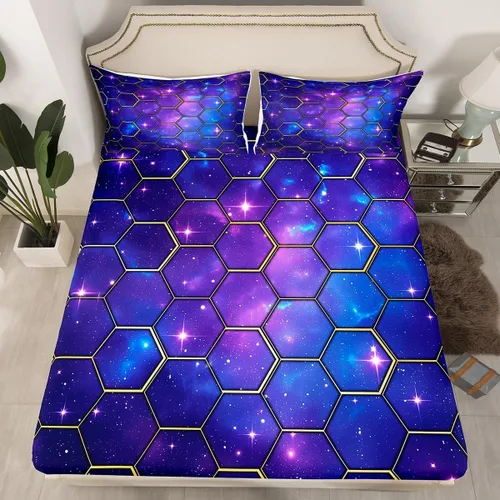 Miniatura 27 de Manfei Juego de sábanas bajeras de panal de galaxia, tamaño individual, 2 piezas, estampado geométrico hexagonal, funda de cama de cielo estrellado
