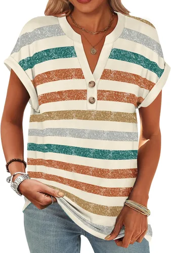 Miniatura 16 de ANRABESS - Camisetas Henley de manga corta para mujer, cuello en V, elegantes, estilo informal, de corte suelto; blusas fluidas de verano, ropa