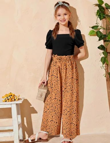 Miniatura 20 de DONWEN Conjunto de 3 piezas de ropa para niñas pequeñas y niñas con cuello cuadrado + pantalones elegantes + diadema para primavera y verano