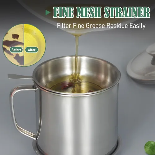 Miniatura 6 de Tellshun Recipiente de grasa de tocino con colador de 1.25 L / 42 oz fuerte atrapador de cocina de acero inoxidable de grado alimenticio con tapa