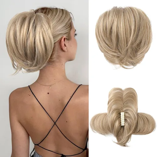 Miniatura 18 de HOOJIH - Pieza de cabello con moño desordenado, clip de garra en moño de cabello liso de 9 pulgadas, extensión de cola de caballo corta con alambre