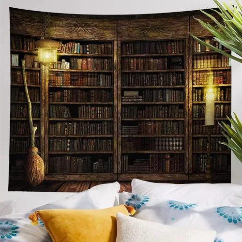 Miniatura 8 de Kanora Estantería vintage para colgar en la pared, tapiz de sala de estudio, estantería retro, biblioteca de arte de pared, tapices bohemios