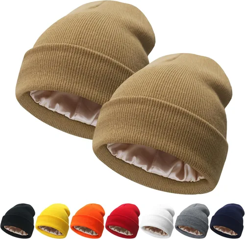 Miniatura 31 de NPQQUAN 2 PCS Satin Lined Beanie for Women Silk Lined Beanies Winter Warm Soft Lining Cuffed Knit Beanie Hats for Women
