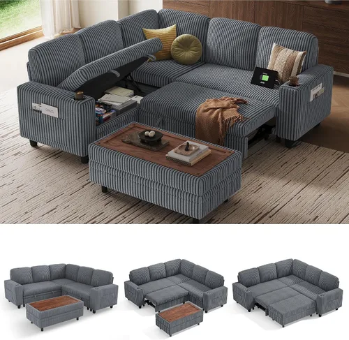 Miniatura 16 de LINSY HOME - Sofá cama extraíble modular con sección para dormir, con almacenamiento, sofá seccional de pana mullida para sala de estar, sofá cama