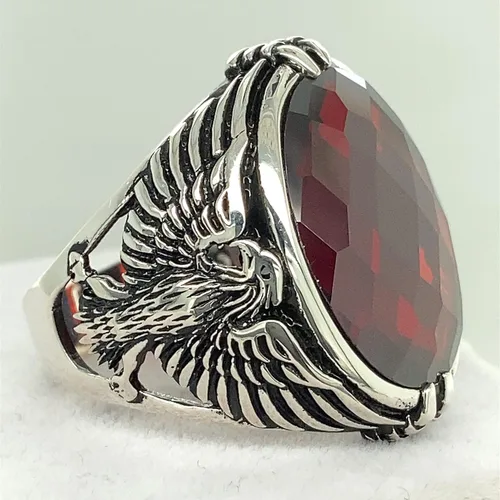 Miniatura 6 de Men Handmade Eagle Ring, Ruby Stone Ring, Silver Red Ruby Stone Ring, 925k Sterling Silver Ring, Handmade American Eagle Mens Ring