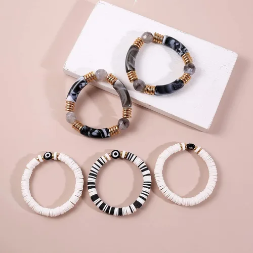 Miniatura 6 de Joya Love Brazalete de cuentas de verano con cara sonriente, ojo malvado, de bambú, acrílico, arcilla Heishi, pulseras de cuentas para mujer