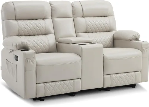 Miniatura 12 de MCombo Sofá reclinable eléctrico de gravedad cero de 56.3 pulgadas con masaje de calor y vibración, sofá biplaza reclinable con puertos USB, Gris