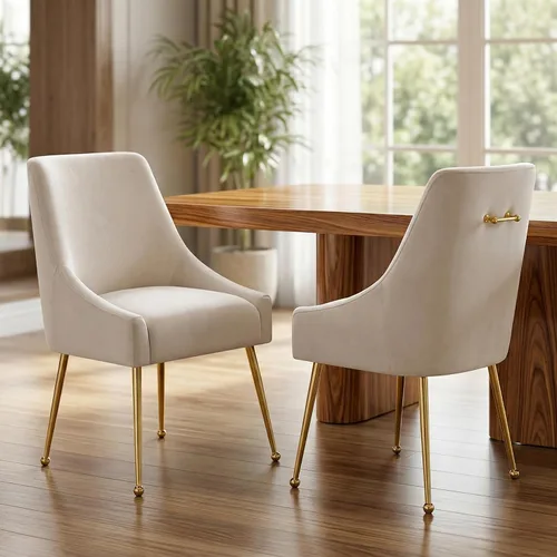 Juego de 2 sillas de comedor de terciopelo, modernas sillas tapizadas de mediados de siglo con patas de metal dorado y asa de anillo, cómodas sillas