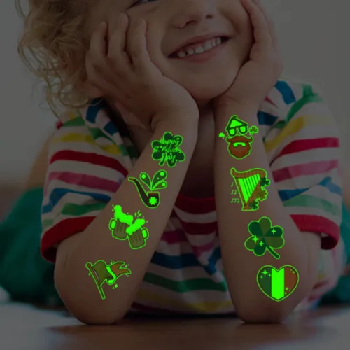 Miniatura 5 de CHARLENT Tatuajes temporales que brillan en la oscuridad del día de San Patricio para niños, 74 hojas individuales, tatuajes luminosos del día