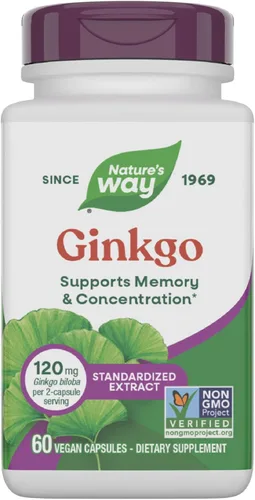 Nature's Way Extracto de Ginkgo Premium, apoya la memoria y la concentración*, 120 mg de extracto de ginkgo biloba por porción de 2 cápsulas, con