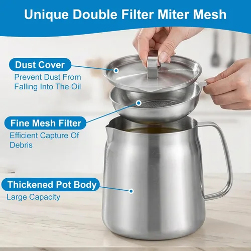 Miniatura 8 de Olla de filtro de aceite de acero inoxidable de 68 onzas con cesta para freidora y colador de aceite, freidora de grado alimenticio 304, recipiente