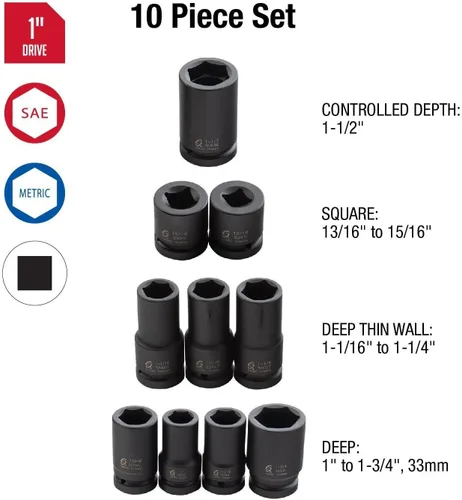 Miniatura 5 de Sunex 5690A, juego de llaves de impacto para ruedas de 1 pulgada de gran resistencia, 10 piezas, SAE/métrico, profundo/profundo de pared