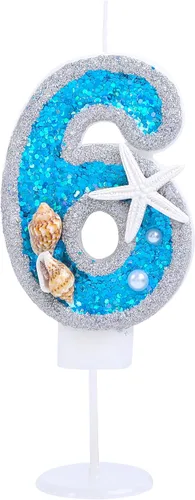 Miniatura 27 de Vela de cumpleaños número 0 3D número 0 para decoración de pastel para niños y niñas, niños pequeños bajo el océano, tema azul mar, fiesta