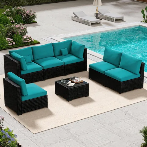 Miniatura 10 de LHBcraft Juego de muebles de patio de 7 piezas, seccionales para exteriores, tejido manual para todo tipo de clima, sofá seccional de mimbre de Ye-bk