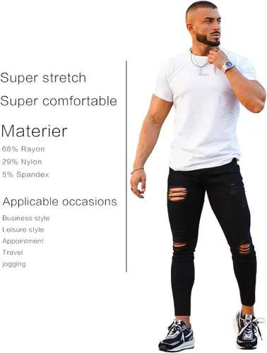Miniatura 5 de Gingtto jeans entallados elásticos para hombre, de corte ajustado, rasgados, gastados