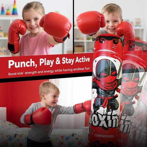 Miniatura 6 de COMMOUDS Saco de boxeo de 67 pulgadas para niños, juego de boxeo inflable con guantes, saco de boxeo de rebote rápido para practicar karate, Rojo
