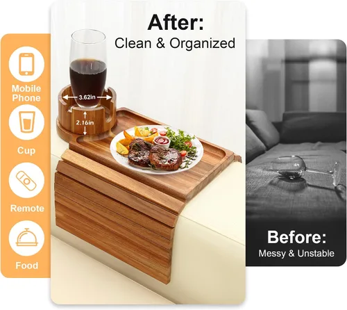 Miniatura 4 de Bandeja para portavasos de sofá, mesa de madera de acacia con soporte para teléfono, bandeja plegable grande para sofá para mesa de aperitivos
