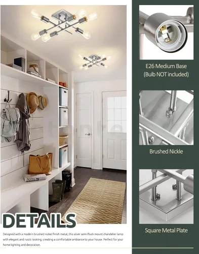 Miniatura 2 de Lámpara de techo semiempotrada de 6 luces, níquel cepillado industrial cerca del techo, moderna base E26 Sputnik lámpara de techo para cocina