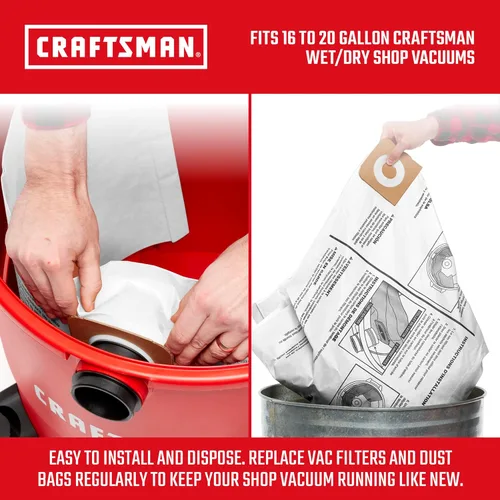 Miniatura 3 de CRAFTSMAN CMXZVBE38749 - Bolsas de recolección de polvo para aspiradora de uso general en seco y húmedo para la mayoría de aspiradoras CRAFTSMAN
