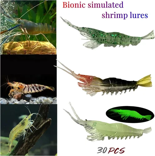 Miniatura 2 de Juego de 30 señuelos de plástico suave para pesca de simulación, juego de señuelos de camarón Lumionous, tamaño universal de 3.2 pulgadas, 1/8 Lumous