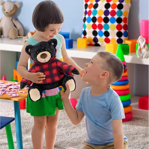 Miniatura 6 de DolliBu Oso negro de felpa con capucha a cuadros rojos, oso suave y abrazable, adorable peluche de oso negro de zoológico, bonito regalo para niños