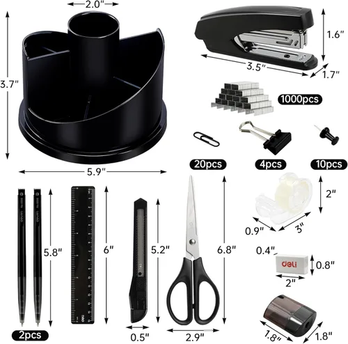 Miniatura 4 de deli Juego de suministros de oficina, 1045 piezas, kit organizador de accesorios de escritorio, juego de grapadoras, soporte giratorio