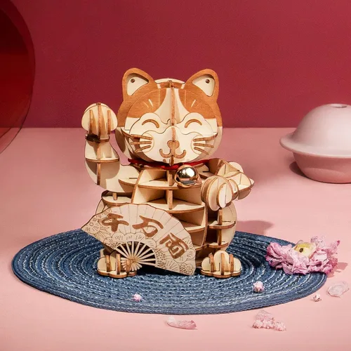 Miniatura 2 de Rolife Rompecabezas de madera 3D Lucky Cat -72 piezas japonés Maneki Neko Welcome Display Saludo para bendición buena fortuna – Juguetes