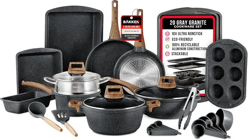 Miniatura 12 de Bakken Master - Juego de utensilios de cocina de 20 piezas, ollas y sartenes con agarres de mango y tapas de vidrio templado, con juego de 6 piezas