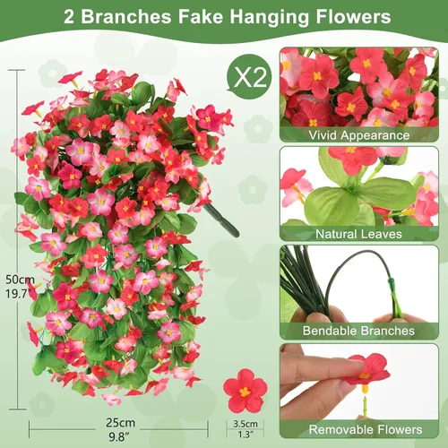 Miniatura 2 de Flores colgantes artificiales para exteriores, 2 piezas de plantas colgantes artificiales al aire libre, decoración de primavera y verano