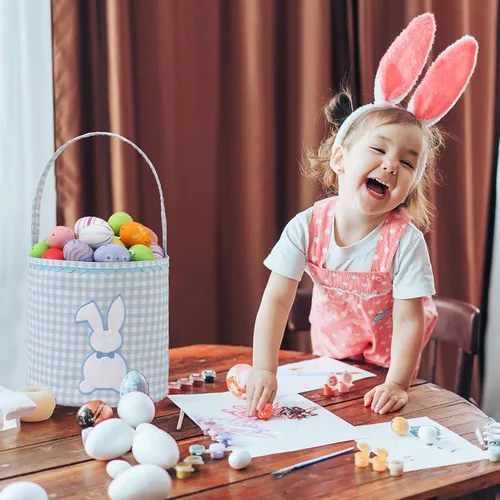 Miniatura 5 de DYSHAYEN Cesta de Pascua de conejo, cubo de Pascua vacío a cuadros con asa para caza de huevos de Pascua, decoraciones de fiesta (azul)