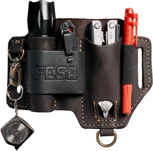 Miniatura 9 de FESA Funda multiherramienta de cuero para cinturón, organizador de cuero EDC para cuchillo de bolsillo táctico, linterna y bolígrafo, con gancho