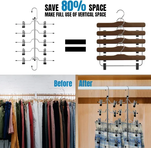 Miniatura 7 de Paquete de 4 perchas de metal para pantalones y faldas, perchas de 5 niveles que ahorran espacio con clips antideslizantes ajustables, gancho 4