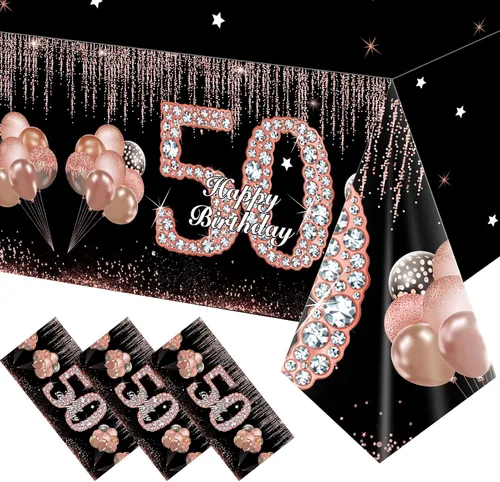 Eiurteao Mantel decorativo de 50 cumpleaños para mujer, 3 piezas de color oro rosa con el texto en inglés "Happy 50", suministros de fiesta, mantel