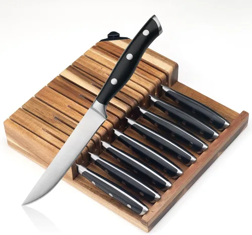 Miniatura 8 de Alata Juego de cuchillos para carne de 8 piezas, 4.7 pulgadas con borde dentado, cuchillos afilados para cena, construcción de espiga completa Negro