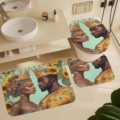 American Couple - Juego de 3 alfombrillas de baño de 3 piezas, estilo afro, negro, King, Queen, romántico amor, impermeable, antideslizante, juego