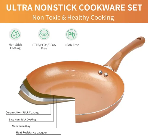Miniatura 6 de M MELENTA Juego de ollas y sartenes ultra antiadherentes, preinstalados 11 piezas de utensilios de cocina de cobre con revestimiento de cerámica