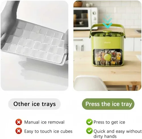 Miniatura 7 de Bandeja compacta para cubitos de hielo con tapa y contenedor, mini máquina de cubitos de hielo tipo prensa para congelador, cubo de hielo pequeño