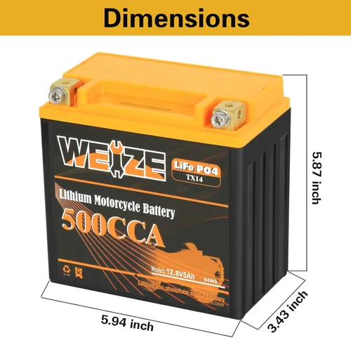 Miniatura 2 de Weize Batería de litio YTX14-BS, grupo 14, 500A LiFePO4 para motocicleta, 12V 5AH ATV, UTV, moto acuática, 4 ruedas, motos de nieve, embarcaciones