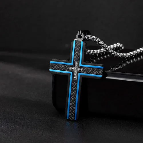 Miniatura 3 de Holizaly Collar de cruz para hombre, colgante de acero inoxidable 316L, color blanco, dorado, negro, azul, caja de regalo incluida