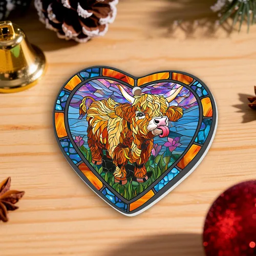 Miniatura 6 de 1 pieza Adorno de vaca de tierras altas de cerámica con 2 lados impresos 2025, Adorno de árbol de Navidad con forma de corazón, lindo recuerdo