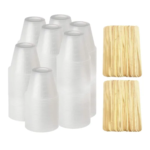 Juego de tazas mezcladoras de polipropileno de 1 oz (1.0 fl oz) con 200 varillas de mezcla de madera de abedul, 400 unidades, reutilizables,