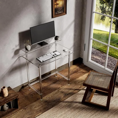 Miniatura 5 de Eglaf Escritorio acrílico para oficina en casa con soporte para monitor, escritorio moderno y transparente, mesa de estudio, escritorio