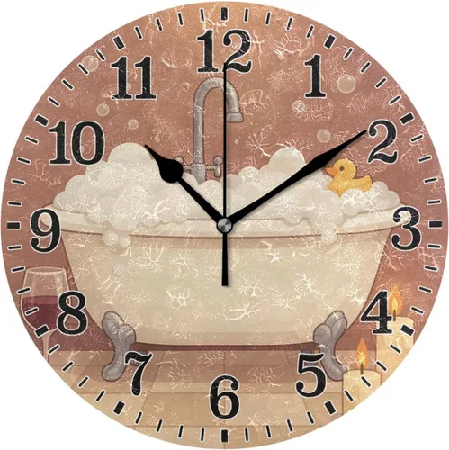 Miniatura 55 de JUNZAN Reloj de bañera con vino romántico espumoso y velas, reloj de pared silencioso de 10 pulgadas, pequeño reloj redondo, decoración de cocina
