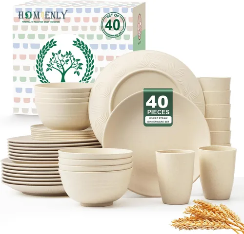 Miniatura 12 de Homienly Juegos de Vajilla Premium de Paja de Trigo, Platos y Tazones Ligeros e Irrompibles, Tazas, Servicio para 4, Apto para Lavavajillas