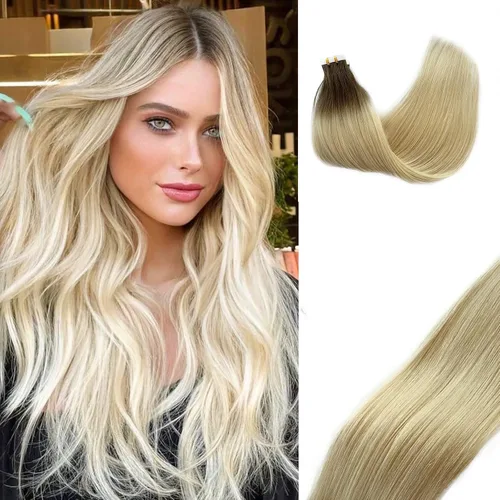 Miniatura 8 de Extensiones adhesivas rubias de cabello humano brasileño grado 9A, #60 rubio platino, cinta en 12 pulgadas, 20 unidades por juego, extensiones