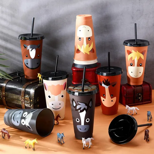 Miniatura 6 de Mifoci 24 tazas de caballo de 24 onzas con tapa, tazas de vaquero con pajita, decoraciones de cumpleaños, vasos de plástico reutilizables