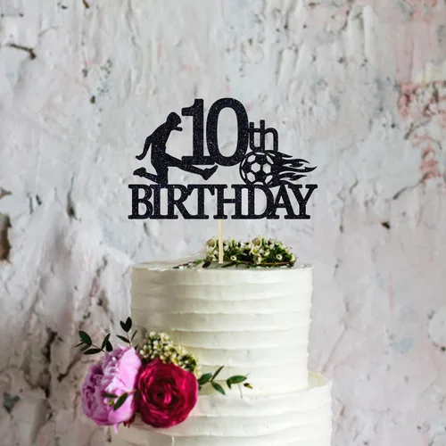 Miniatura 5 de Decoración para pastel de cumpleaños número 10 con purpurina negra, decoración para pastel de pelota de fútbol para 10 años de edad, saludos a 10