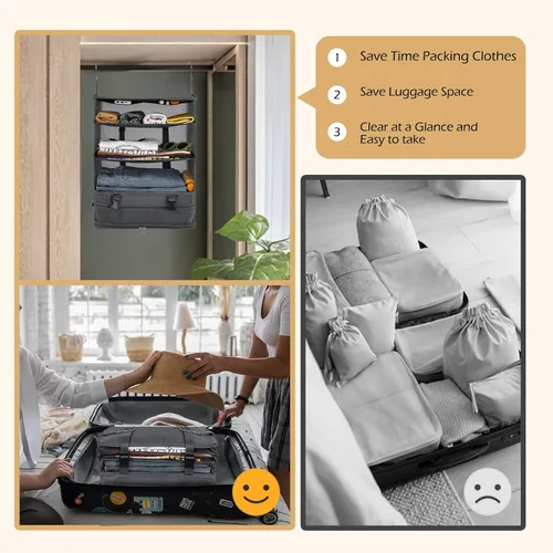 Miniatura 4 de Surblue Bolsa de almacenamiento plegable para armario, 3 estantes, tela Oxford lavable con 2 ganchos (XL 17.71 x 11.81 x 20 pulgadas, gris)